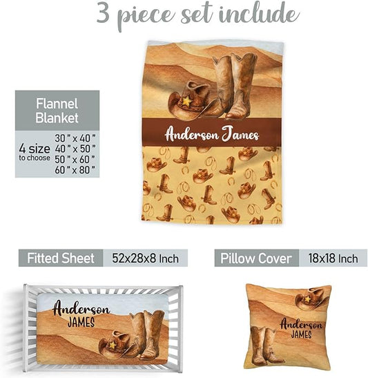 Personalized Cowboy Baby Crib Bedding Set – Custom Name 3-Piece Nursery Set for Boys with Soft Blanket, Fitted Crib Sheet & Pillowcase – Infant Toddler Newborn Bedding Gift