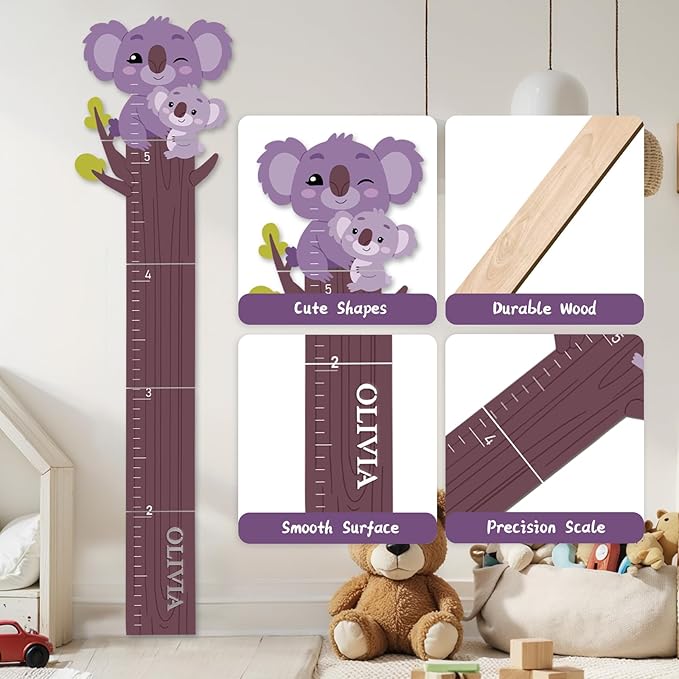 Woodemon Personalized Name Growth Chart, Cute Koala Wooden Growth Chart for Kids, Height Chart for Boys Girls, Measuring Board for Kids Height for Child's Room, Nursery Decor Decoration