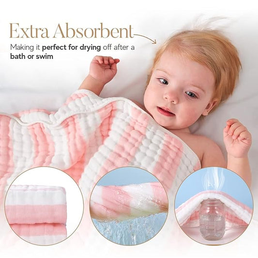 Muslin Hooded Baby Towel 4 Pack, Preuim Muslin 6 Layers Natural Cotton Baby Bath Towels, Soft and Comfortable for Boys,Girls (32x32,Pink Striped and White)