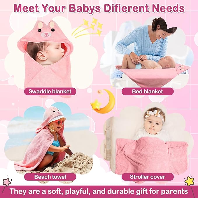 5 Pcs Baby Towels Set, 32x32 in Hooded Bath Towel, 3 Pcs Baby Washcloths and Muslin Baby Bibs for Newborns, Toddlers, and Kids, Baby Towels and Washcloths Set for Boys and Girls (Pink Rabbit)