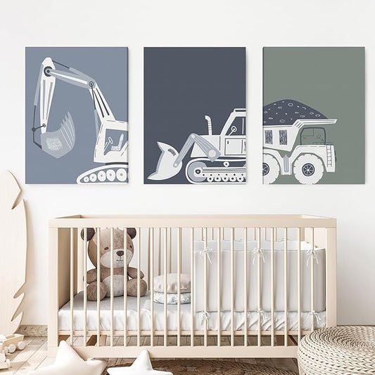 Construction Truck Kids Room Wall Art Deco Bulldozer Pictures Tractor Vehicle Poster Dump Truck Wall Art Boy Room Canvas Wall Decoration Baby Room Print Boy Bedroom 12x16 Inch 3 Piece Wrap Canvas