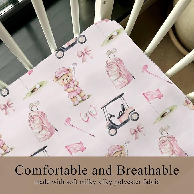 Cute Golf Bear Balls Cart Club Pink Baby Crib Sheet for Boys & Girls 52x28x9 in Bears Bows Golfing Bag Sport Fitted Crib Mattress Cover for Golfs Lover Gift Bed Sheet Bear One Size