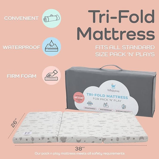 Babylicious Waterproof Pack and Play Mattress Topper | 38" x 26" x 1.5" | Carry Bag Included | Trifold Style - Breathable Soft Plush Foam - Portable Mattress Topper- Baby Foam Mattresses for Babies