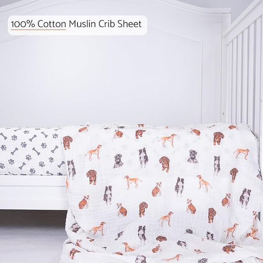 LollyBanks Muslin Crib Sheet 1 Pack, 100% Cotton Soft and Breathable Baby Crib Sheets for Boys and Girls, Fits Standard 52"x28" Mattress, Neutral Baby Bedding Essentials for Registry (Dogs Print)