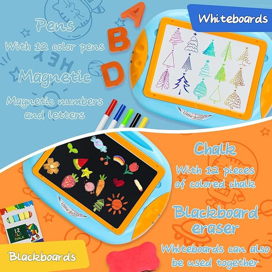 Gift for 1-2 Years Old Boy, Boy Toys with Magnetic Letters and Numbers, Portable Doodle Board Easel, Learning and Educational Toy for 1-2 Years Old Boys (Orange Blue)