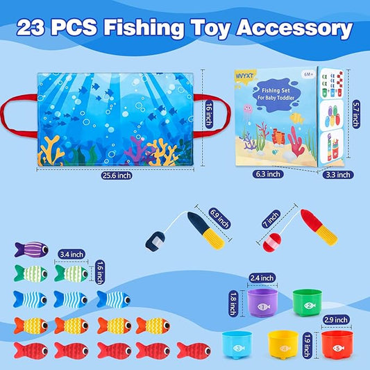 Toddler Montessori Toys for 1-3 Year Old Boy Girl, 23 Pcs Cloth Fishing Game Set with Double-Sided Mat, Learning Toys for Number & Color Sorting, Birthday Gifts for Babies & Toddlers