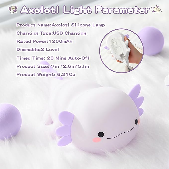 Axolotl Night Light for Kids,Cute Purple Axolotl Lamp ,LED Squishy Nursery Nightlight, Soft Silicone Novelty Animal Bedside Touch Lamp, Room Decor,Axolotl Gifts for Mom Girls Baby,Valentine's Day Gift