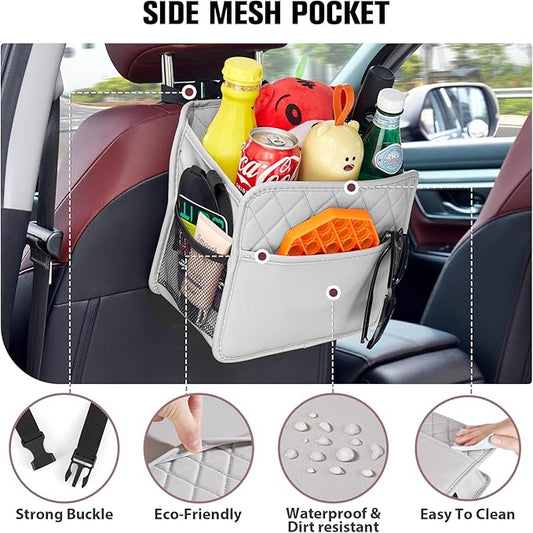 LXUNYI Car Seat Organizer, Updated Large Leather Backseat Car Organizer with Cup Holders Multifunctional Over the Car Seat Storage Organizer Bag Hanging Car Seat Back Organizers for Kids (Gray 2Pack)