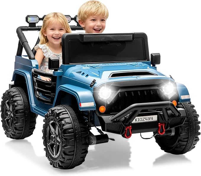 24V Ride on Toys for Big Kids, 2 Seater Ride on Car w/Remote Control, 4x4 Ride-on Truck with 4 Motors, 3 Speeds Adjustable, 4 LED Lights, Bluetooth & Music, Electric Car for Kid Toddler 3-8, Lake Blue