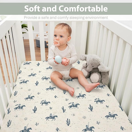 Vintage Western Cowboy Baby Crib Sheets for Boy Girl 28"x52" Retro Cowboy Horse Cactus Soft Stretchy Fitted Crib Mattress Cover Wild Desert Baby Sheet for Standard Crib & Toddler Mattress Pads