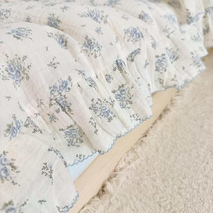 BuLuTu Muslin Cotton Kids Duvet Cover with Ruffles for Toddler Bed/Crib Comforter/Quilt Cover Shabby Chic Blue Freesia Print Toddler Duvet Cover Girls Boys, 47"x59", No Pillow Cases