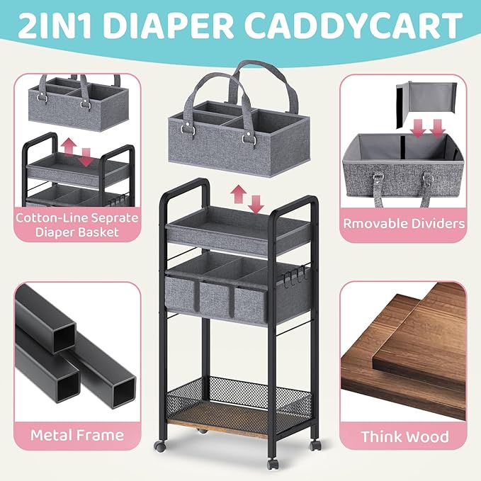 JRANBRJS 2IN1 Baby Diaper Caddy Organizer-3 Tier Rolling Storage Cart with Dividers - Bedside Diaper Caddy Cart for Baby Nursery Newborn Essentials-Mobile Utility Carts with Wheels for Changing Table