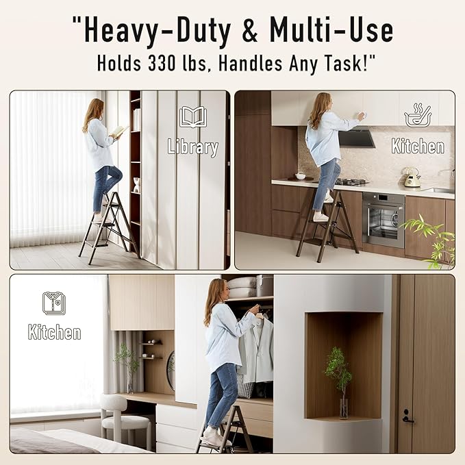 Mayi Plus 3 Step Ladder,Aluminum Folding Step Stool for Adults,Step Ladder with Wide Anti-Slip Pedal,330 lbs Capacity for Home,Office,Kitchen,Library(Walnut)
