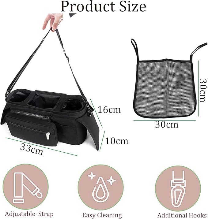 HOINCO Universal Baby Stroller Organizer,with Heightened Insulated Cup Holder,Detachable Phone Bag,Shoulder Strap and Mesh Bag,Fits Most Strollers.