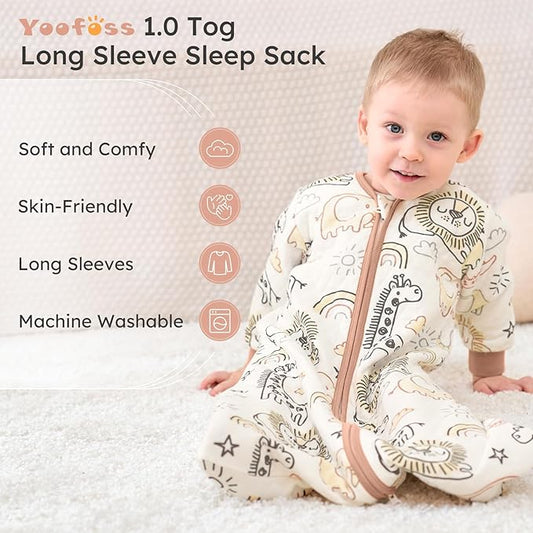 Yoofoss Baby Sleep Sack 12-18 Months 1.0 Tog Long Sleeve Sleep Sack Organic Cotton Wearable Blanket for Toddlers 2-Way Zipper Quilted Sleeping Sacks(Large)