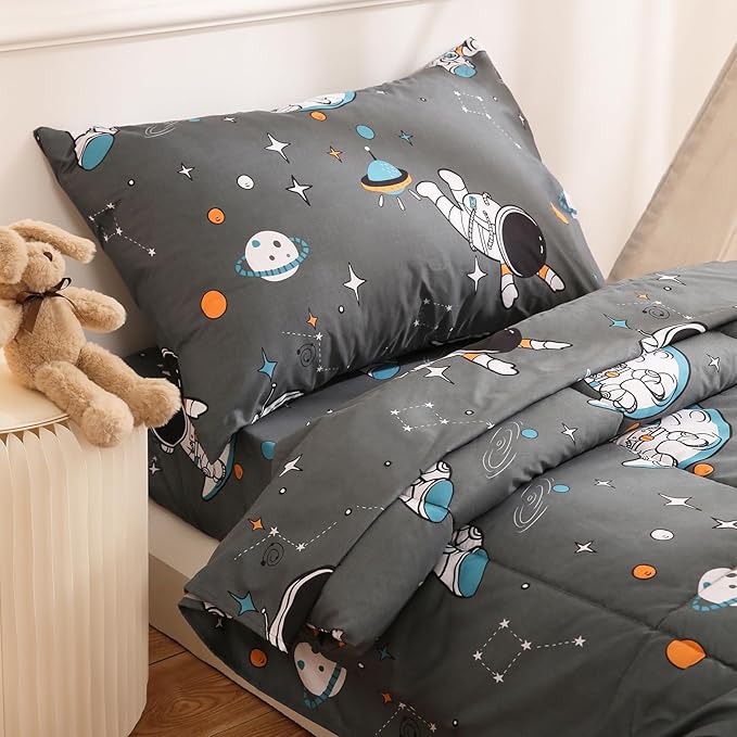 JSD Grey Astronaut Toddler Bedding Set, 4 Piece Space Theme Bed-in-a-Bag Comforter Sheet Set, Machine Washable