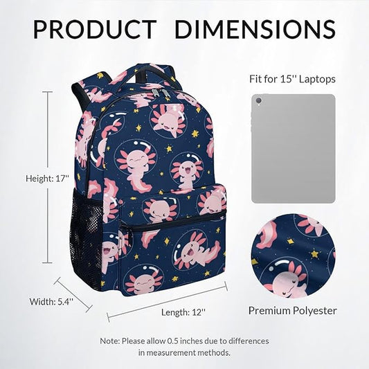 COZYAURA School Bags for Girls - Cute Black Axolotl Travel Backpack for Kids - 17 Inch Bookbag for Elementary Primary School - Back to School Supplies