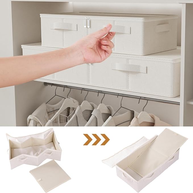 ENUMAIL Underbed Storage Box Organizer, Foldable Under Bed Clothes Bags Container, Flat Bins with Lid for Organizing Clothes, Sheets, Blankets, Comforter, 23.6x11.8x5.9in, Beige, 3 Pack
