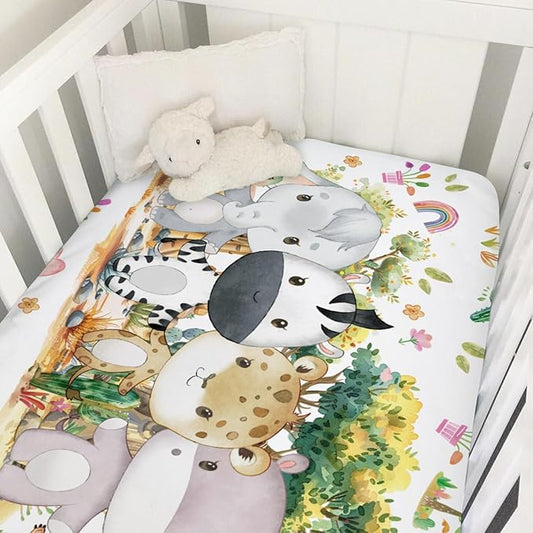Baby Jungle Safari Animals Tropical Leaves Flowers Baby Crib Sheet 52''x28'' Fitted Crib Mattress Cover for Boy Girl Nursery Bed Sheet Fits Standard Crib Toddler Mattress (African, One Size)