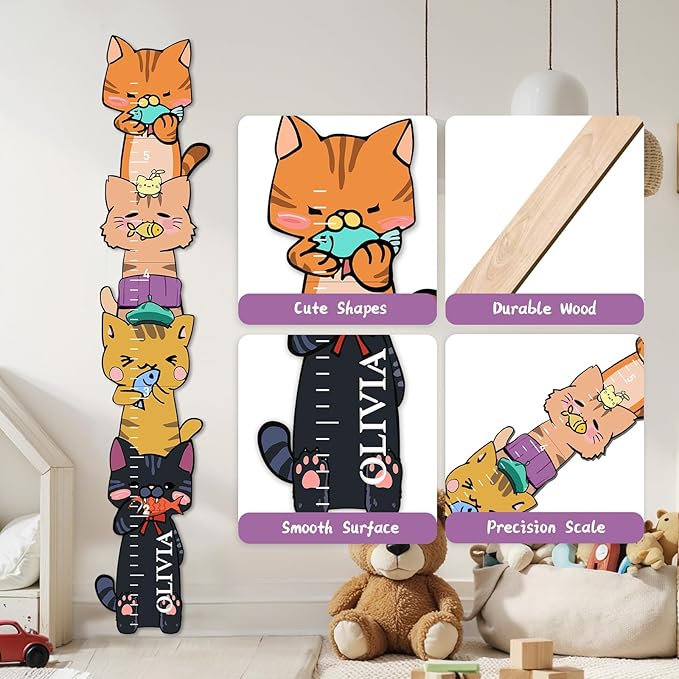 Woodemon Personalized Name Growth Chart for Wall, Kitten Eating Fish Wooden Height Chart, Thick Height Measuring Board for Boys and Girls, Measurement Ruler for Kids, Easy to Install