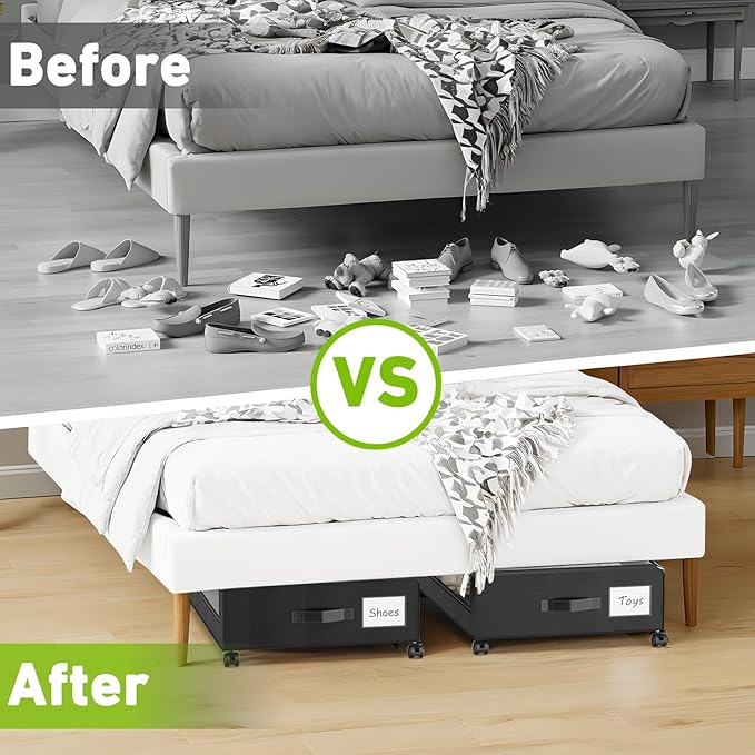 Molutsody Under Bed Storage with Wheels, 2-Pack Underbed Storage Containers with Clear Lids, Under Bed Shoe Storage Organizer, Rolling Under the Bed Storage Bins for Clothes Shoes Blankets (Black)