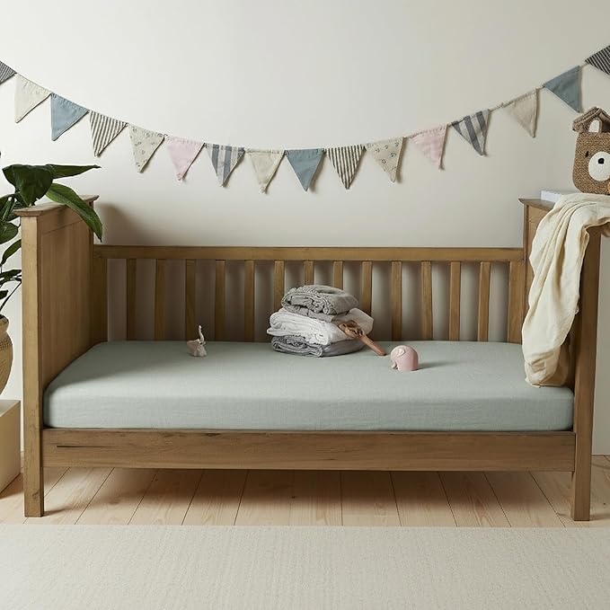Bioweaves Organic Cotton Muslin Mini Crib Sheet, GOTS Certified Fitted Mini Crib Mattress Sheet, Extra Soft & Breathable for Toddler, Baby Boys & Girls, 38" x 24", 5 Inch Pocket, Hint of Mint