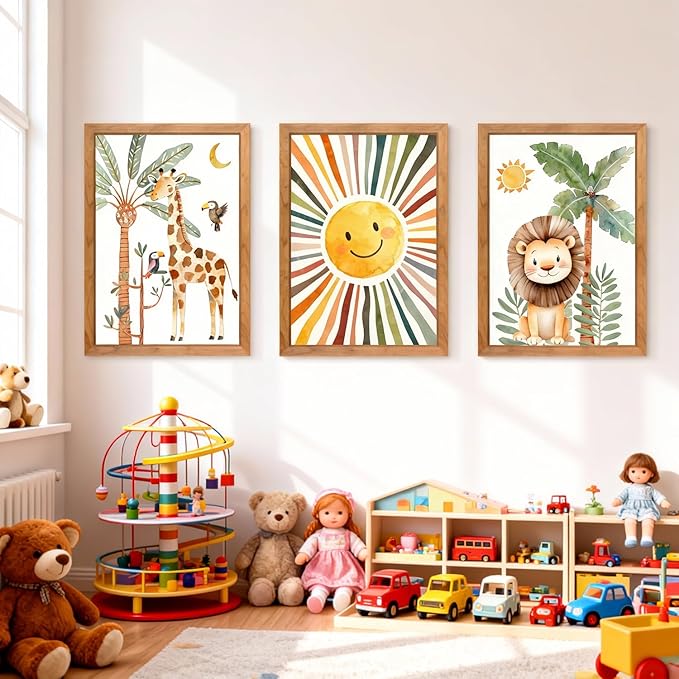 Cute Sun Lion Giraffe Quote Framed Wall Art Set of 4, 11x16 Boho Educational Animal Wall Sign for Baby Girl Kid Boy Toddlers, Wooden Inspirational Nursery Wall Decor Natural