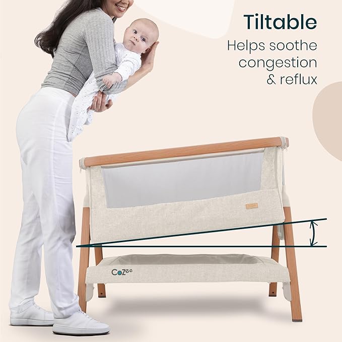 Tutti Bambini CoZee® 2-in-1 Baby Bassinet & Bedside Sleeper - Fast-Folding Bedside Bassinet, Baby Crib with 6 Mattress Heights & Breathable Mesh Window, Mattress Included, 0-6 Months (Walnut & Ecru)