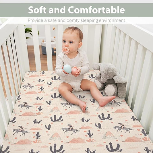 Vintage Western Cowgirl Love Baby Crib Sheets for Boy Girl 28"x52" Retro Cowgirl Horse Cactus Soft Stretchy Fitted Crib Mattress Cover Baby Sheet Fits for Standard Crib and Toddler Mattresses