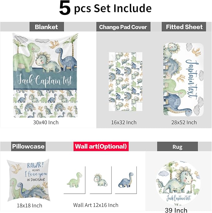 Custom Baby Bedding Set: Personalized Green Blue Dinosaur Bedding, Baby Blanket Fitted Sheet Changing Cover Nursery Rug Gift Idea Room Decor