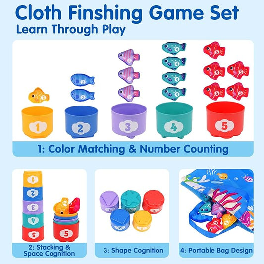 Montessori Toys for 1 Year Old - Cloth Fishing Game with Stacking Cups Toddler Toys for One Year Old Boy Girl First Birthday Gift - Sorting Learning Baby Toy 12-18 Months 1 2 Year Old