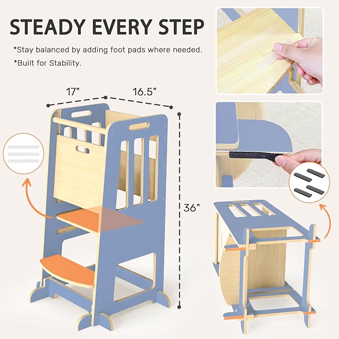 WINGYZ Toddler Tower – Adjustable Step Stool Helper for Kids 18M–6Y, Kitchen Learning Stool with Safety Rail, 3-Height Adjustable, Sliding Door, Full Support Foot, Wooden Updated Design, Light Blue