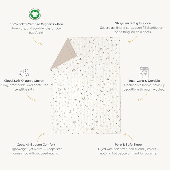 MakeMake Organics Organic Twin Comforter GOTS Certified Organic Kids Blanket Cotton Infill Tufted - Reversible Ultra Soft Breathable Boys Girls (68"x88", Bloom + Solid Pecan)