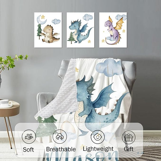 Custom Baby Crib Bedding Set,Personalized Name Blue Dinosaur Pattern Nursery Bed Set 4 Piece,Baby Blanket Fitted Sheet Nursery Rug Wall Art Set,Custom Room Decor Idea Gift for Newborns Boys Girls