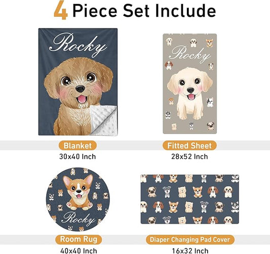 Personalized Crib Bedding Set - 4 Piece Custom Gift Black Dogs Crib Bed Set with Name, Soft Double Layer Blanket Set for Infant Baby Girl, Nursery Bedding Set for Toddler Boys