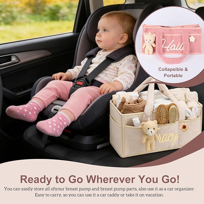 Personalized Baby Diaper Caddy Organizer with Name, Custom Portable Changing Mat Diaper Caddy for Boy Girl, Baby Essentials Storage Basket with Removable Dividers Gift for Newborn Caddie Car Travel