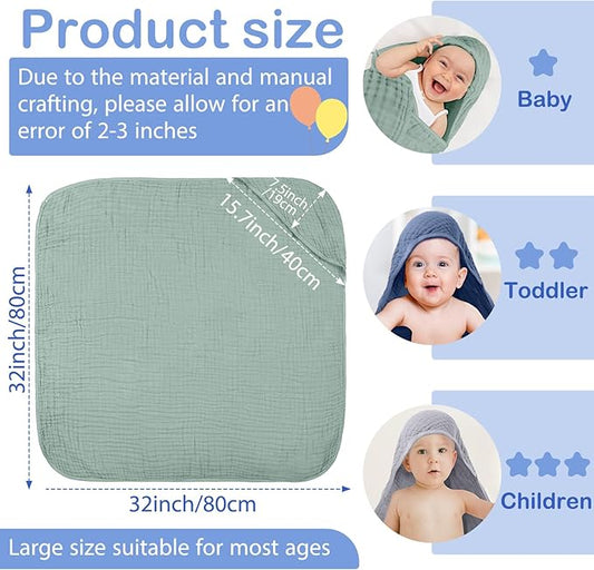 Peryiter 6 Pcs Muslin Hooded Baby Towels, 32x 32'' Cotton Newborn Bath Towel Muslin Infant Baby Blankets Absorbent Unisex Christmas Registry Gift Essentials for Girls Boys (Green Series)