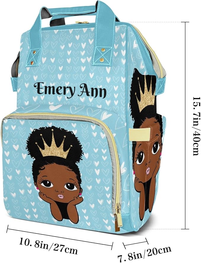 Personalized Blue Harts Cute Girl Custom with Name Diaper Bag Backpack For Baby Boy Girl Dad Mom Unisex for Adult Daypack Holiday Gift