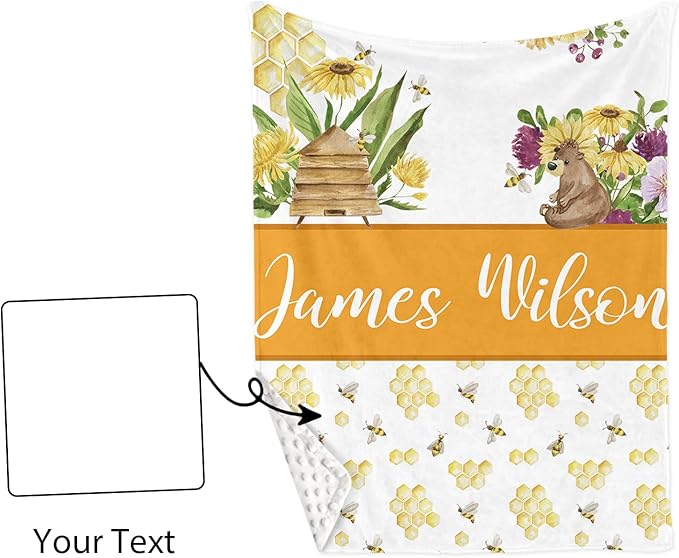 Personalized Baby Crib Bedding Set, Custom Name Nursery Bedding 5-Piece - Baby Blanket Fitted Sheet Changing Pad Cover Rug and Wall Art, Bee-Themed Crib Gift for Boys Girls