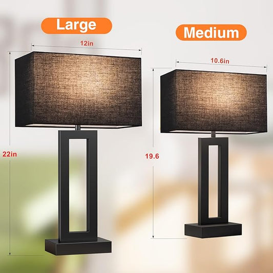Modern 22" Tall Bedside Lamps - Touch Control, USB C+A, 3 Way Dimmable, Set of 2 (Black)