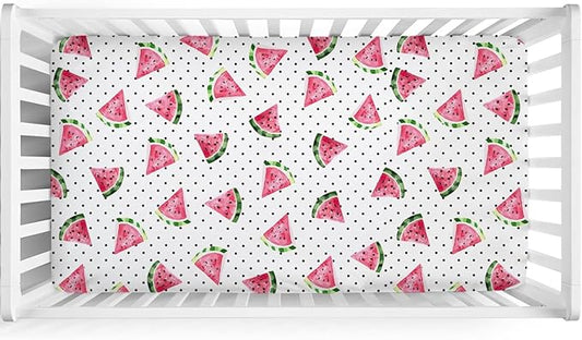 Watercolor Watermelon Dots Baby Crib Sheets 52''x28'' Watermelon Fruits Snug Fitted Crib Mattress Covers for Boy Girl Boho Summer Fruits Soft Baby Bed Sheet for Standard Crib Toddler Mattress