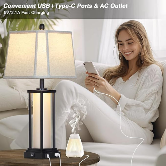 Cinkeda 27" Tall Vintage Table Lamp Set of 2 with USB C+A & Outlet,Black Industrial End Table Lamp for Living Room,Farmhouse Rustic Bedside Lamps with Bell Lampshades for Bedroom Nightstand,Black