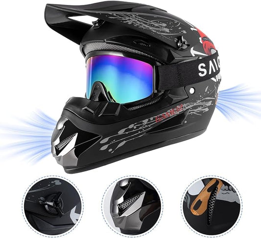 Youth Kids Dirt Bike Motocross Helmet (Goggles Gloves Face Mask) 4PCS Set, DOT Approved Boys Full Face Motorcycle Helmets,ATV BMX MX Mountain Bike Off Road Kid Helmet (Black Skull, L)