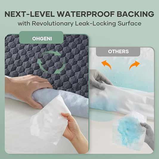 OhGeni 100% Waterproof Mattress Protector, Queen-Gray Size Mattress Pad, Fits 6"-20" Mattresses with Deep Pocket, Cooling, Breathable Fitted Sheets, Soft Bed Cover, Noiseless, Machine Washable