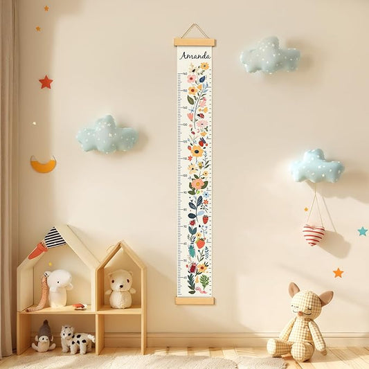 Woodemon Personalized Name Growth Chart for Kids, Flower Canvas Height Chart Ruler Removable Hanging Wall Ruler Measurement Chart for Home Decoration, Waterproof Measuring Board, Foldable
