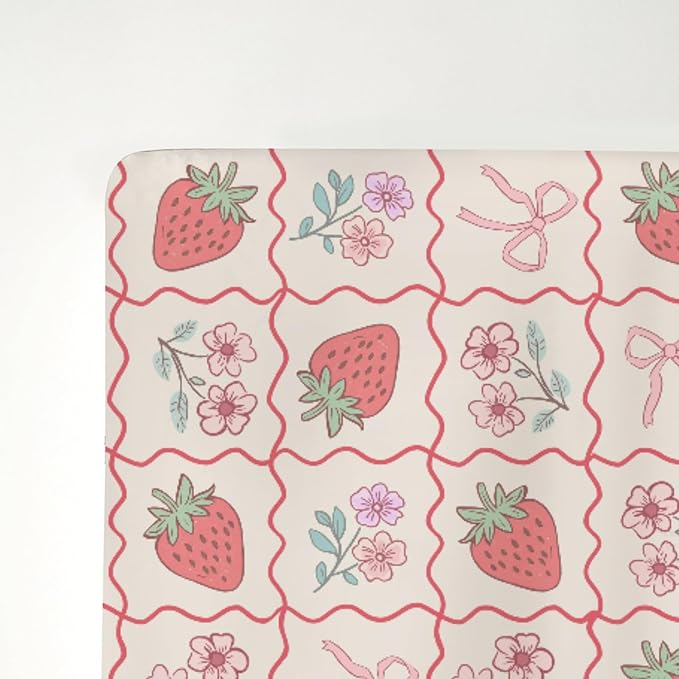 Boho Strawberry Flowers Baby Crib Sheets for Girl 52"x28" Strawberries Pink Bows Checkerboard Soft Snug Fitted Crib Mattress Covers Summer Fruit Baby Sheet for Standard Crib & Toddler Bed Mattress