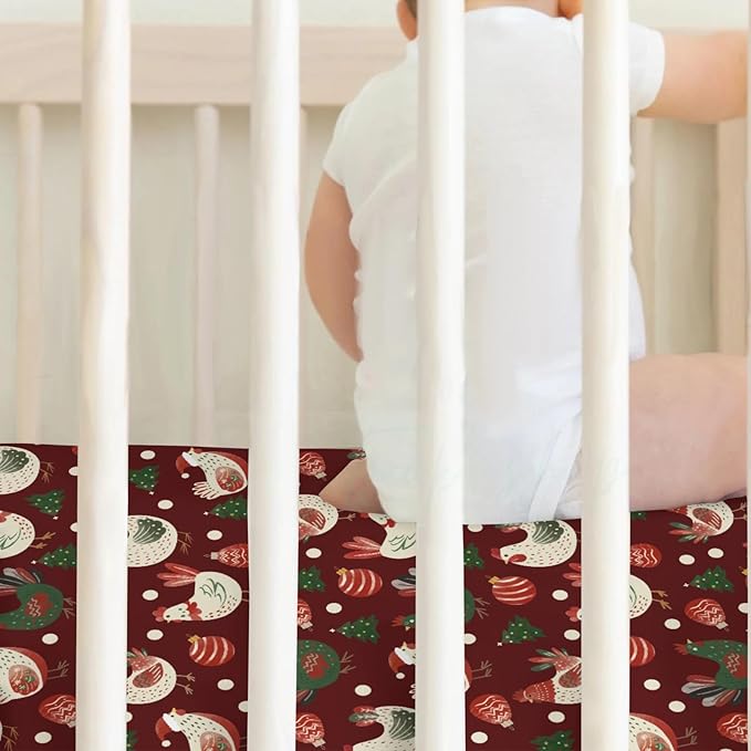 Santa Chicken Baby Crib Sheets for Boy Girl 52x28Inch Cute Christmas Chicken Soft Snug Fitted Crib Mattress Cover Christmas Farm Rooster Hen Baby Sheet for Standard Crib & Toddler Mattress 2 Pack