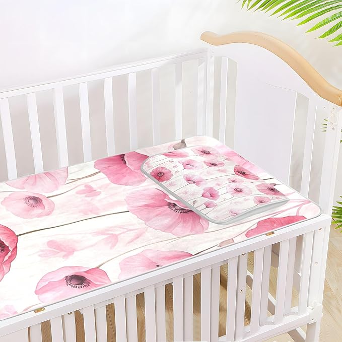 Pink Flowers Cooling Baby Mattress Protector 28" x 52" Reusable Crib Bumper Pads for Baby&Toddler