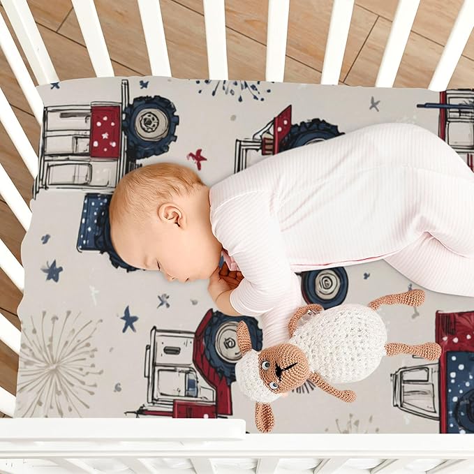 Tractors July 4th Fireworks and Stars Crib Sheets Standard Crib Toddler Mattresses Cover Fitted Baby Bed Sheet Breathable Crib Mattress Sheet for Girls Boys 52" x 28"x5''