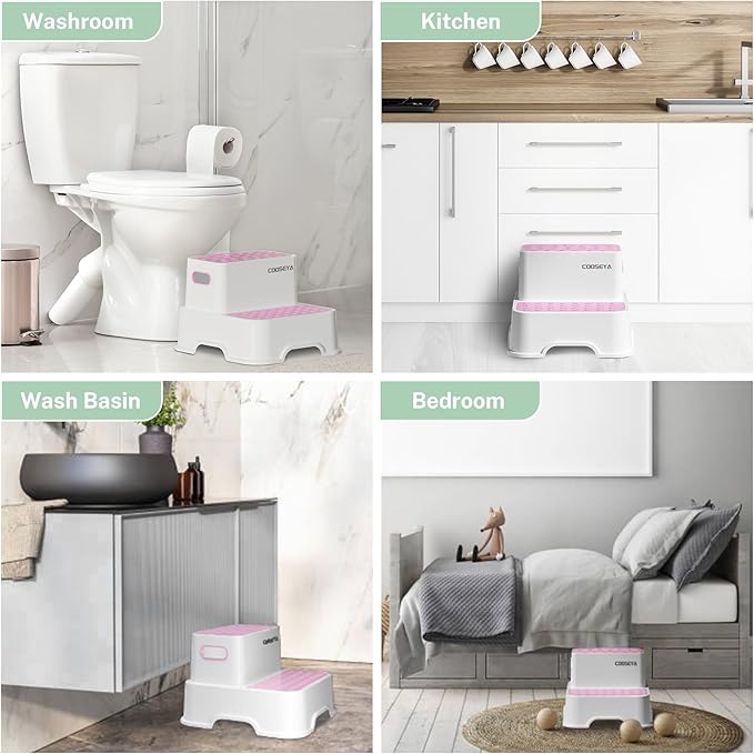 COOSEYA 2 Step Stools for Kids,Toddler Step Stool for Bathroom Sink,No-Slip Double up Stepping for Toddlers Bathroom, Multifunctional Toilet Potty Stool for Kids,Toilet Potty Training(2 Packs)(Pink)